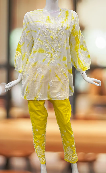 Hand-Embroidered Chikankari short kurti yellow